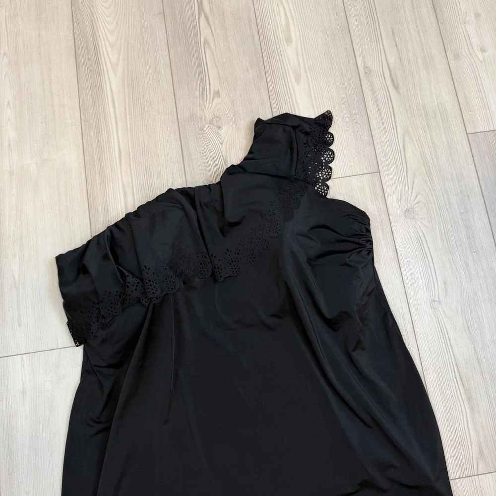 Swim by Cacique One Shoulder Ruffle Eyelet Tankini Top Black 34 1127342